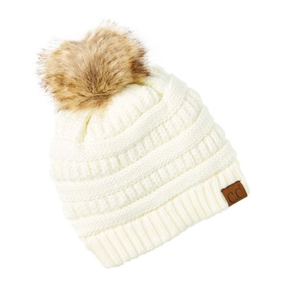 C.C Ivory White Knitted Beanie with Faux Fur Pom